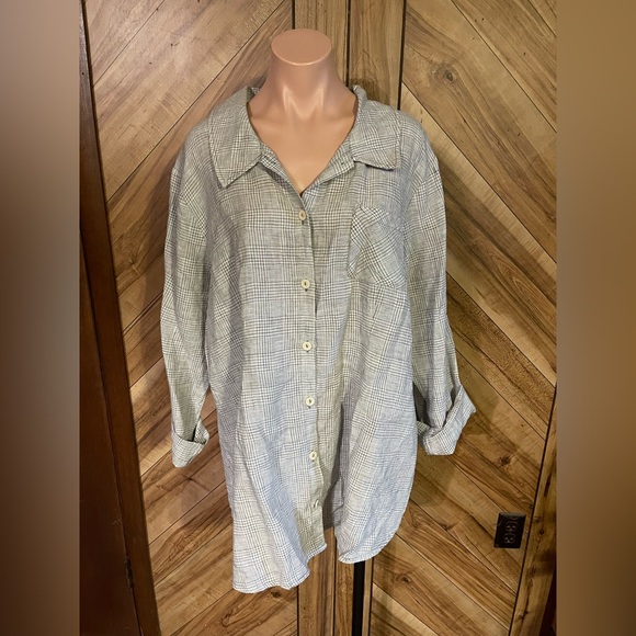 Flax Women’s Large Linen Tan Plaid Print Button Down Long Sleeve Shirt - Picture 2 of 7